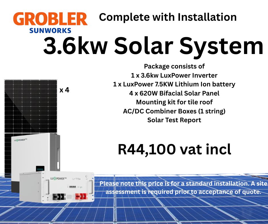 Compact solar package with 3.6kW Lux Power inverter, 7.5kW lithium-ion battery, 4 bifacial panels – Grobler SunWorks