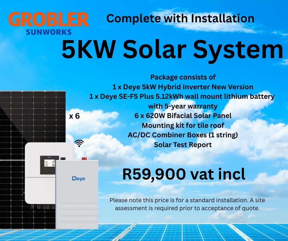 5kW Deye Hybrid Inverter, 5.12kW Battery, 6 620W Solar Panels – complete solar package with installation - Grobler-Sunworks