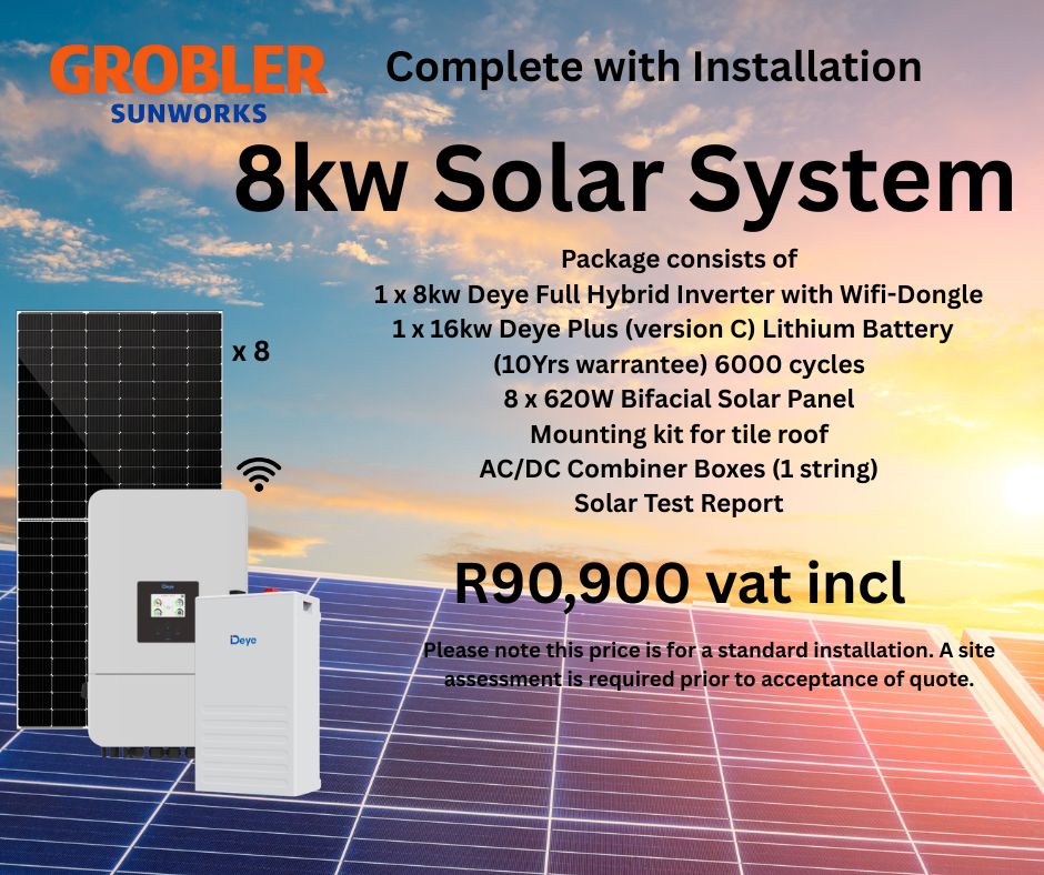 8kW Deye Hybrid Inverter, 16kW Battery, 8 620W Solar Panels – complete solar package with installation - Grobler-Sunworks