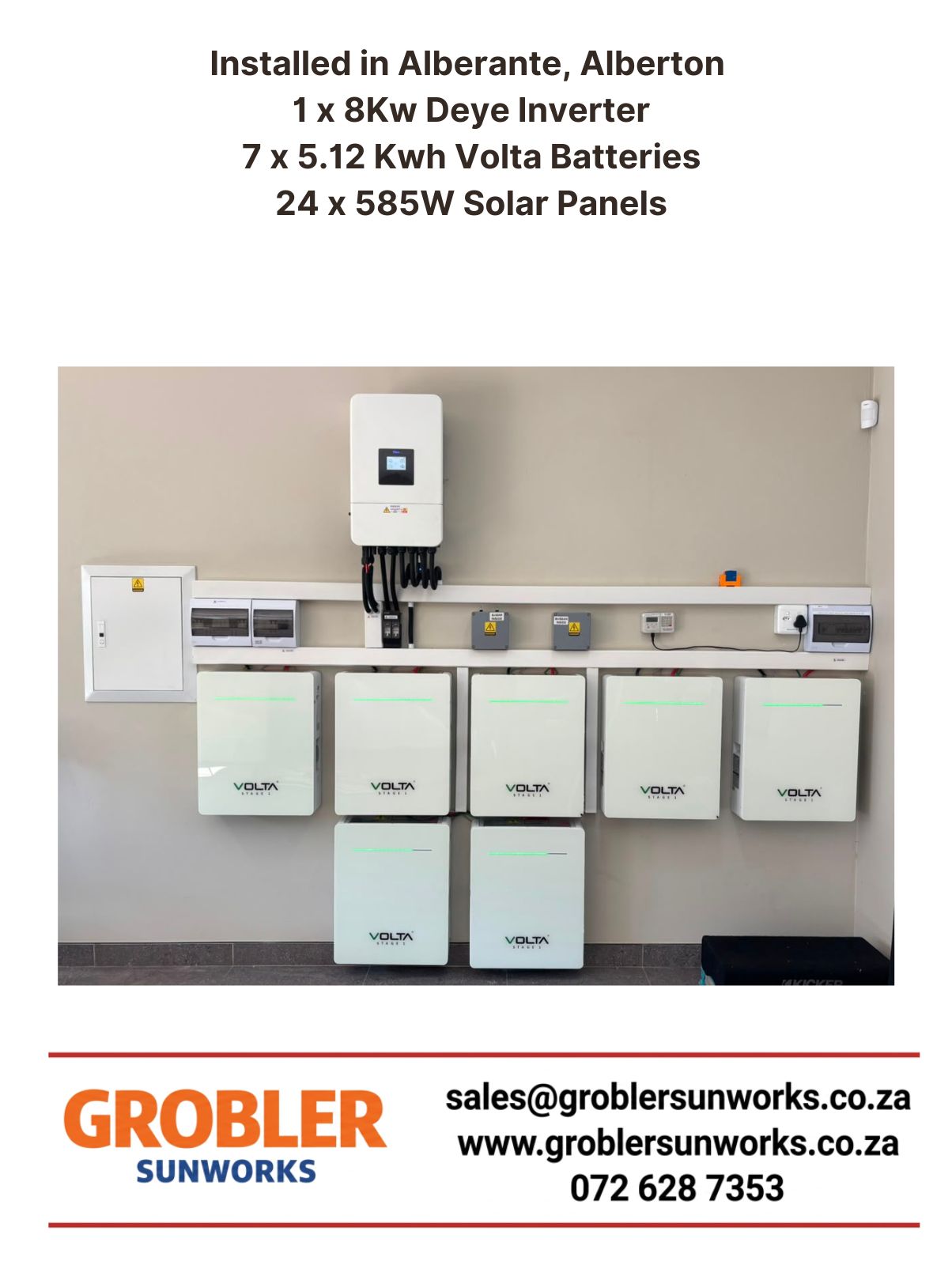 Solar installation in Alberante Alberton 24×585W panels 8kW Deye Inverter 7x5.12kWh Volta Batteries - Grobler SunWorks system ensures reliable backup power B12