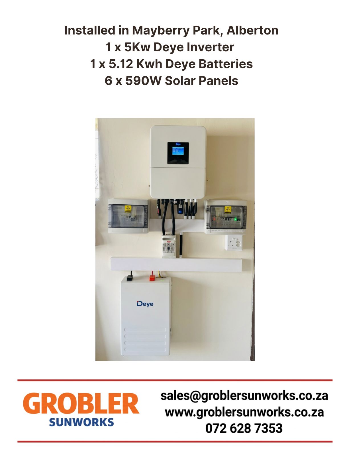 Solar installation Mayberrypark Alberton 6×590W Solar Panels, 5kW Deye Inverter and a 5.12kWh Deye Battery – Grobler SunWorks
