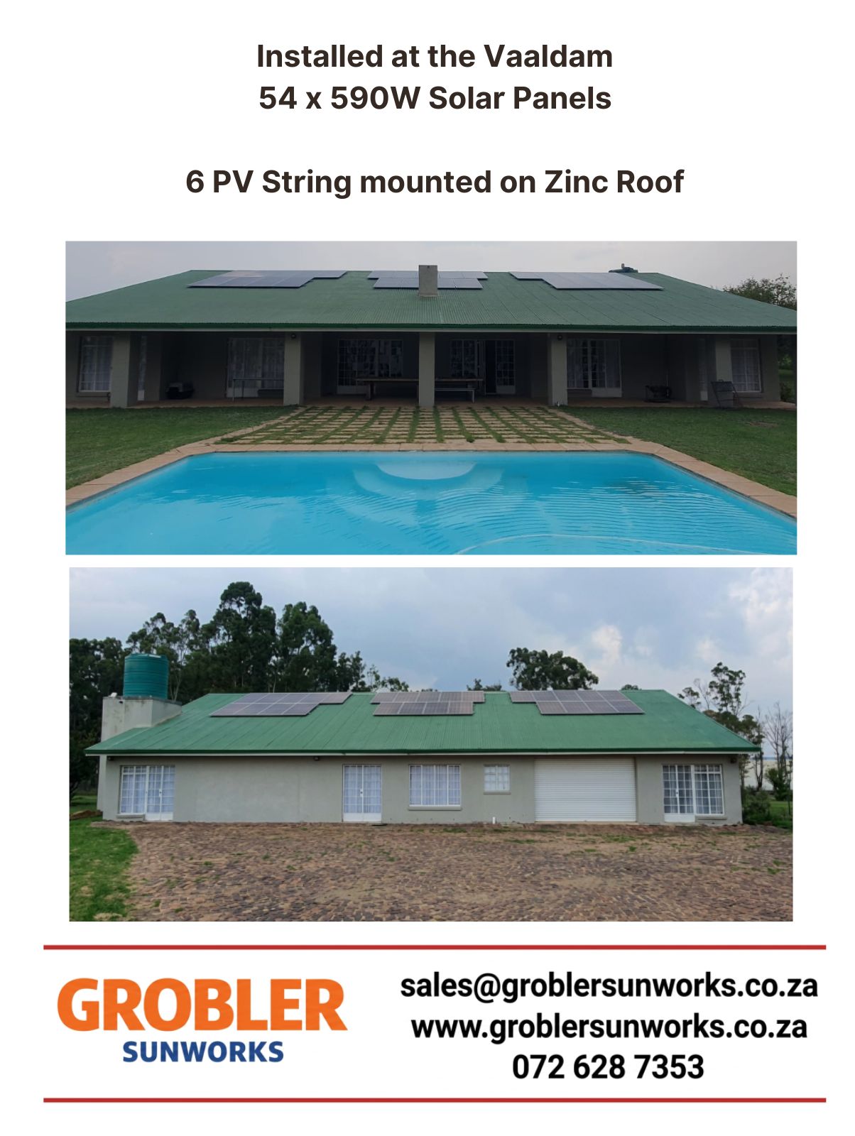 Solar installation at the Vaaldam with 54×590W panels, two 12kW Deye Inverters and 4x16kWh Deye Batteries – Grobler SunWorks.