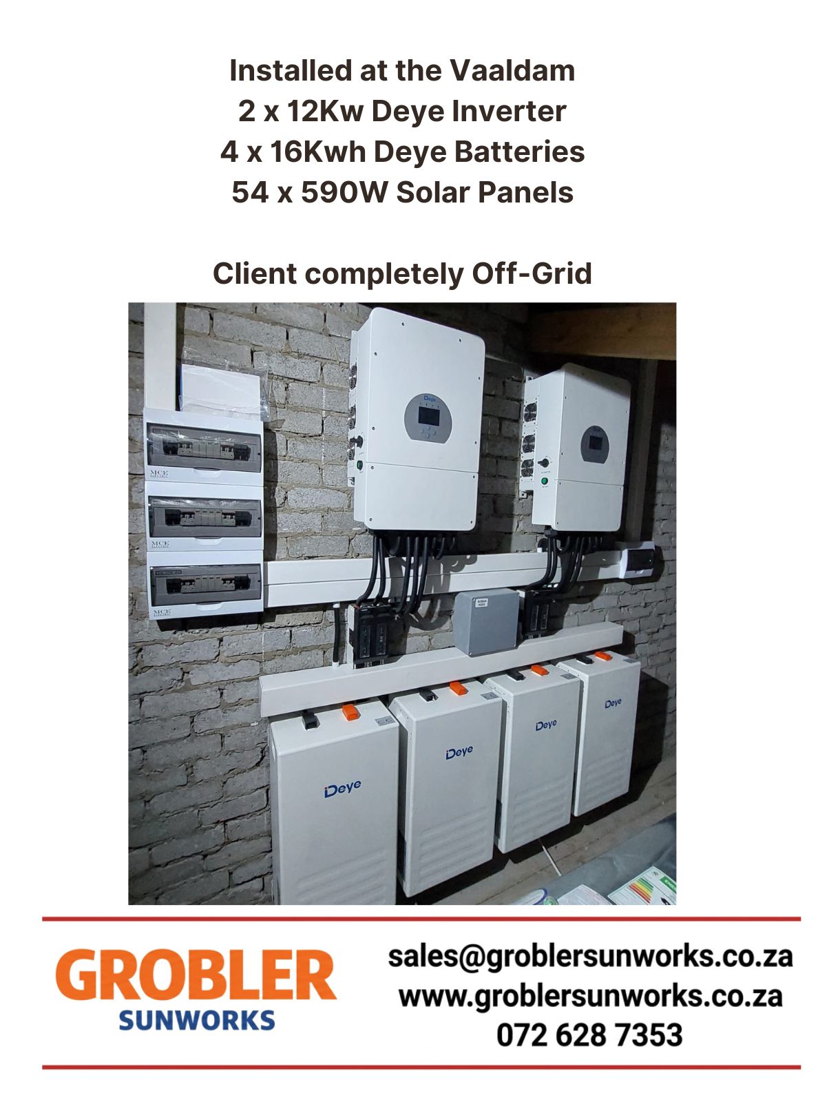 Vaaldam solar system with 54×590W Solar Panels, 2x12kW Deye Inverters and 4x16kWh Deye Batteries – Grobler SunWorks.