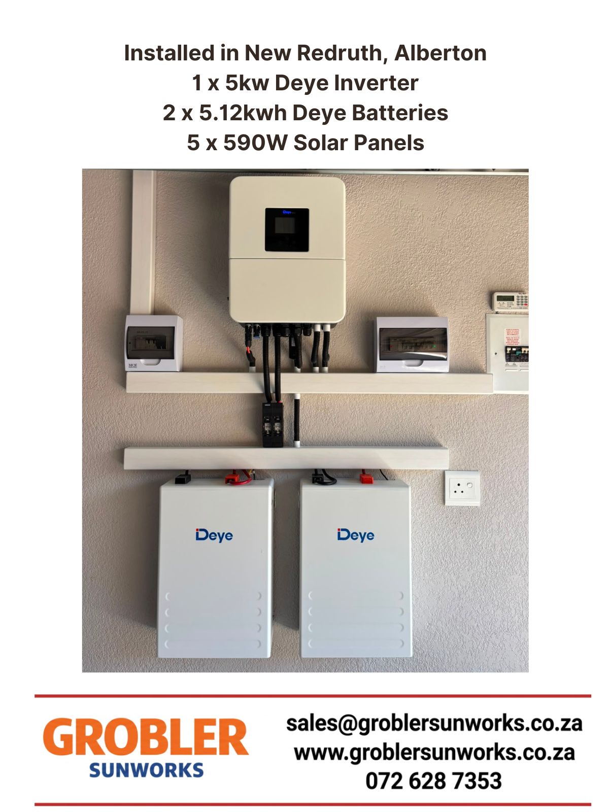 Solar installation in Alberton with 5×590W panels, 5kW Deye Inverter and 2x5.12kWh Deye Batteries – Grobler SunWorks