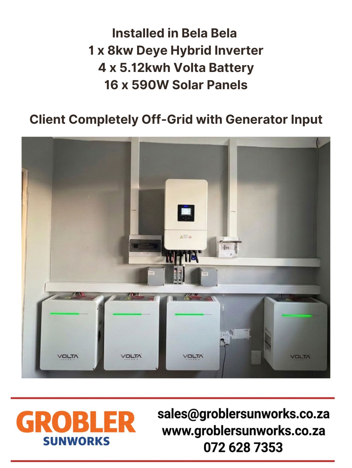 Solar installation in Bela‑Bela with 16×590W panels, 8kW Deye Hybrid Inverter and 4x5.12kWh Volta Batteries– Grobler SunWorks