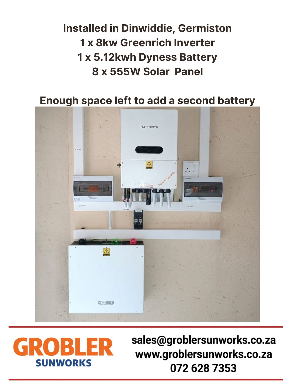 Solar installation Dinwiddie 8×555W panels, 8kW Greenrich Inverter 5.12kWh Dyness Battery space to expand – Grobler SunWorks