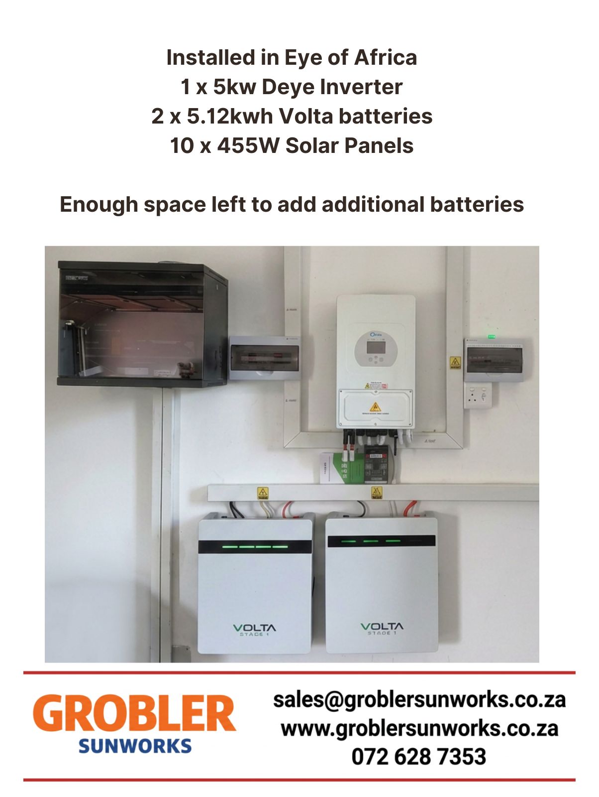 Solar installation in Eye of Africa 10×455W panels, 5kW Deye Inverter, 2x5.12kWh Volta Batteries – Grobler SunWorks