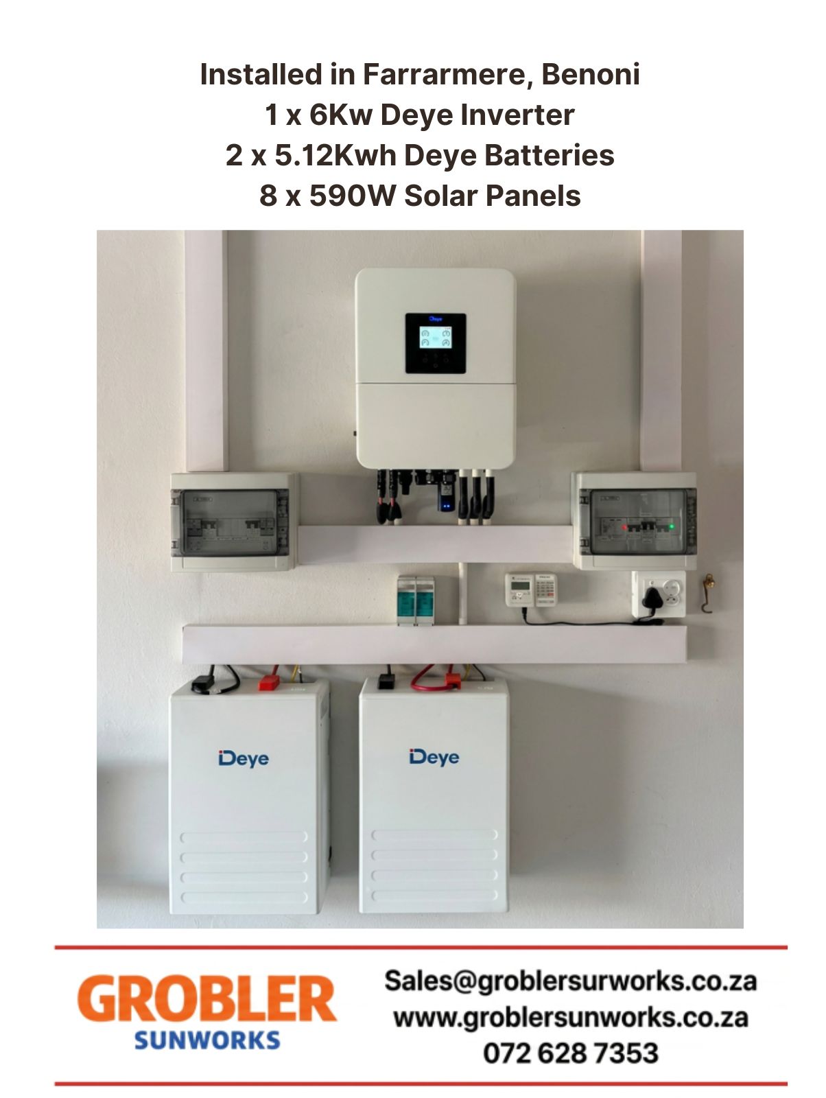 Farrarmere Benoni solar system with 8×590W panels, 6kW Deye Inverter and 2x 5.12kWh Deye Batteries – Grobler SunWorks
