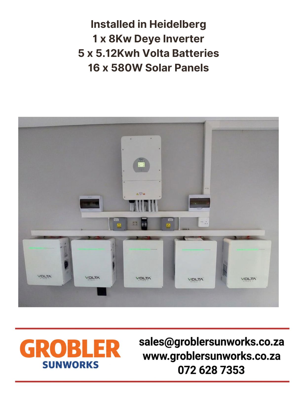 Heidelberg solar system with 16×580W panels, 8kW Deye Inverter and 5x5.12kWh Volta Batteries – Grobler SunWorks