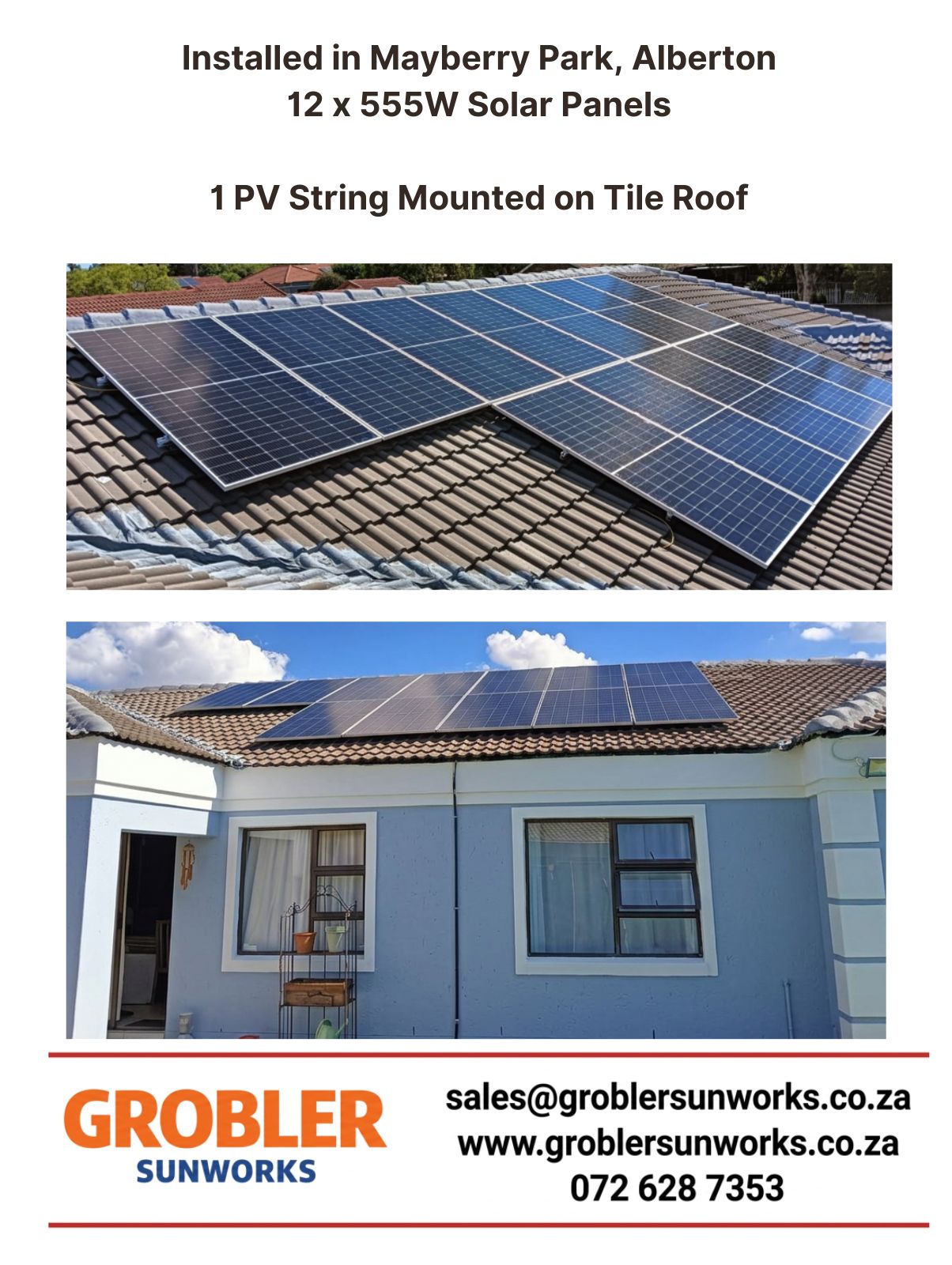 Solar installation Mayberrypark 12×555W Solar Panels,2x 5kW Deye Inverter2x 5.12kWh Blue Nova Battery – Grobler SunWorks