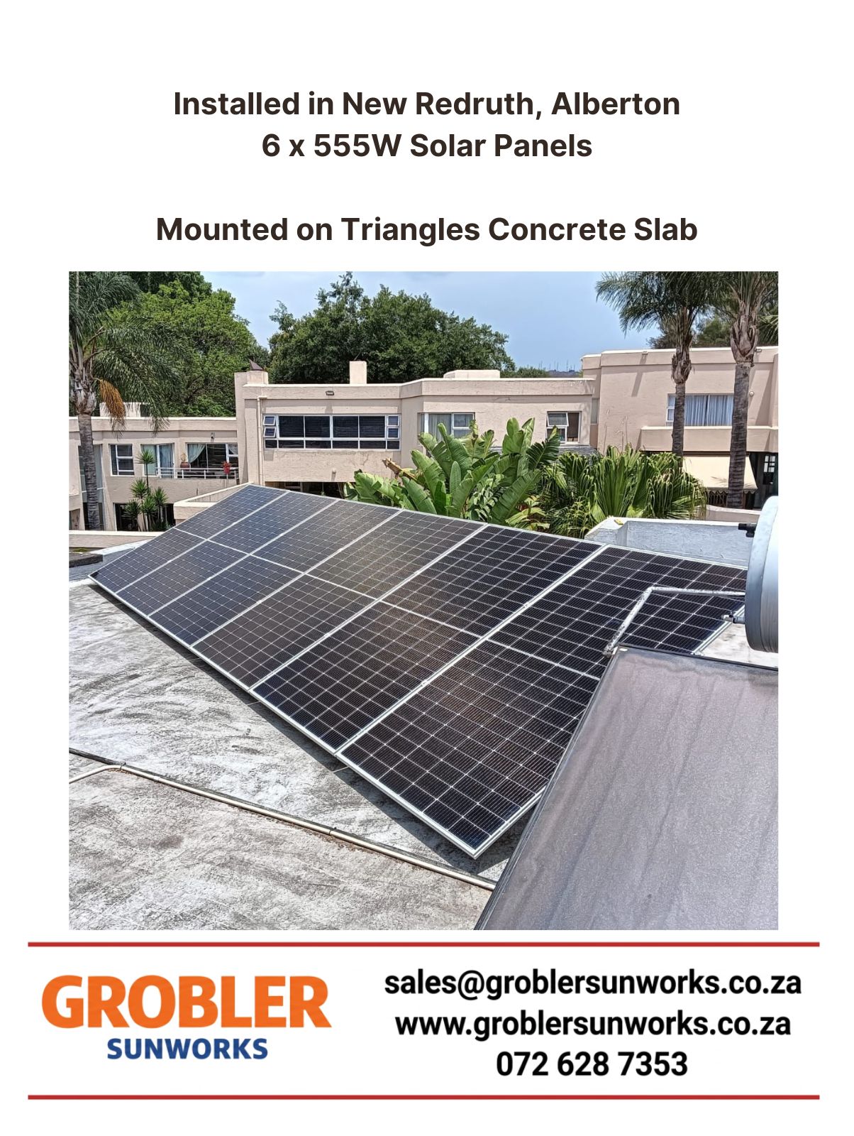 Solar installation in New Redruth Alberton Reading Golf Estate with 6×555W panels mounted on triangles – Grobler SunWorks