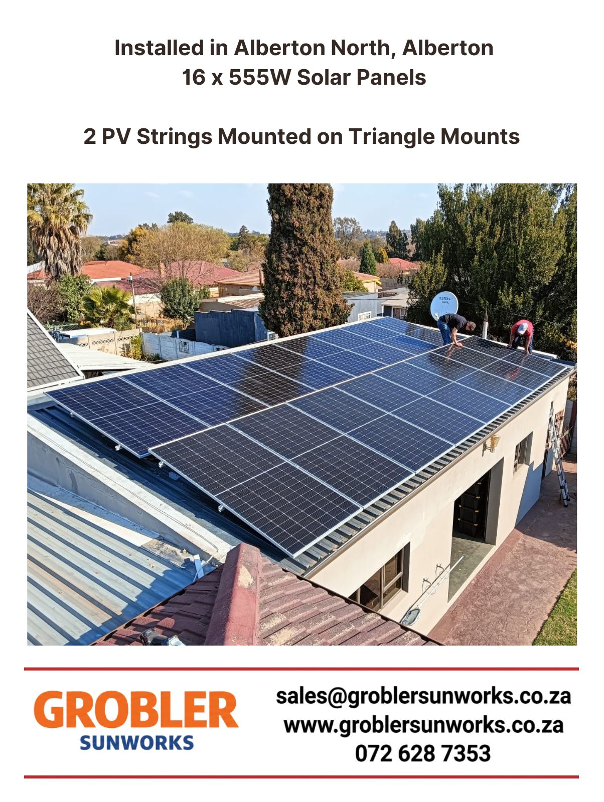 Complete solar installation in Alberton 16×555W panels, 1x8kw Deye Inverter, 2x5,12kwh Volta Batterye. Grobler SunWorks