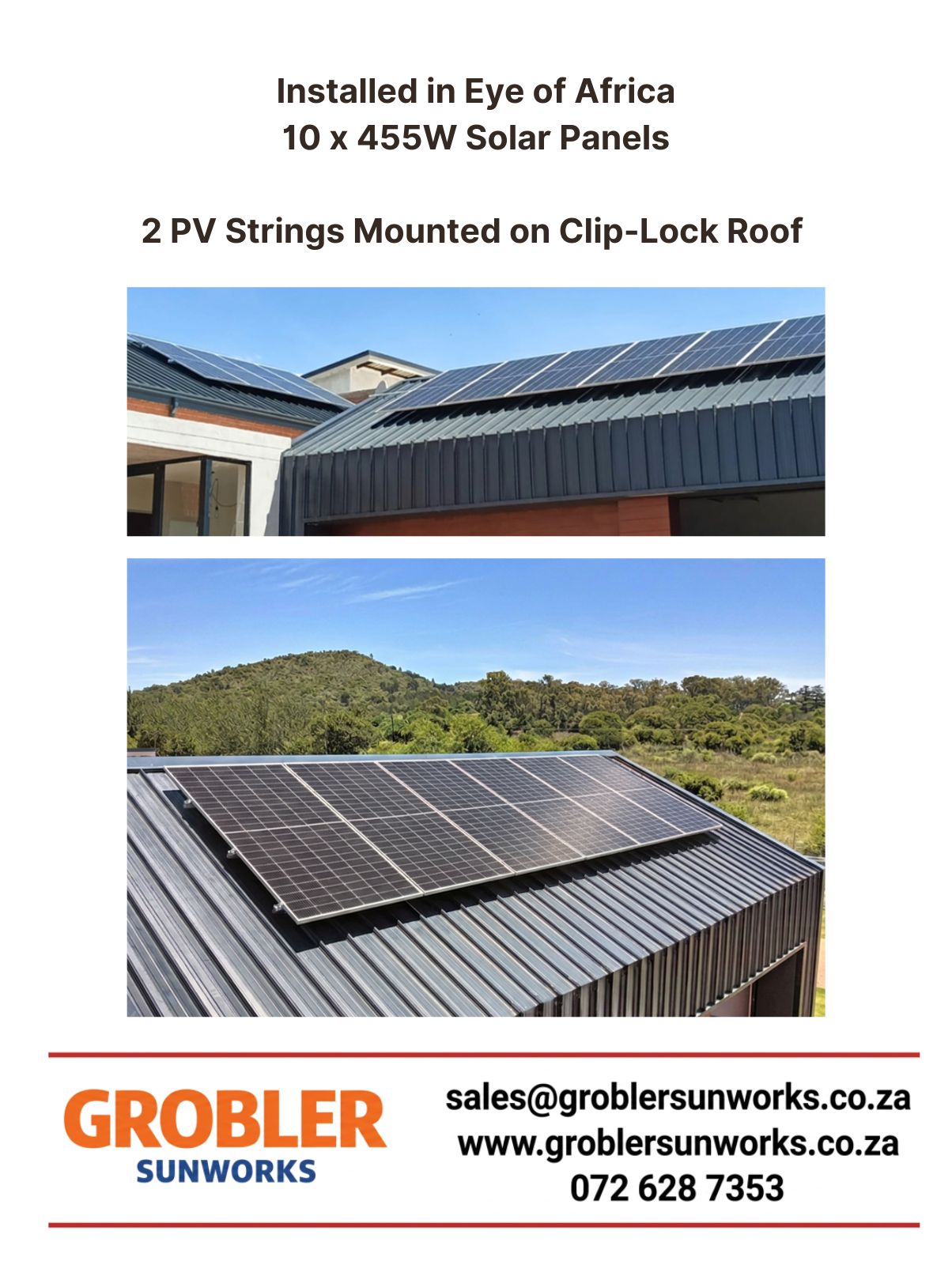 Solar installation in Eye of Africa 10×455W panels, 5kW Deye Inverter, 2x5.12kWh Volta Batteries – Grobler SunWorks
